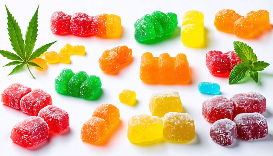 Colorful CBD gummies placed on a wooden surface