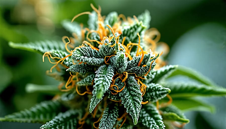 Close-up view of a THC flower bud showcasing trichomes and details of the plant