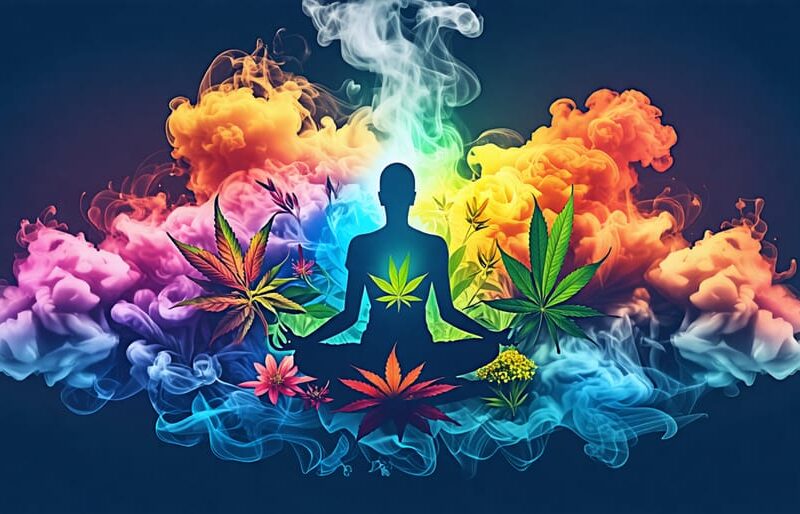 Conceptual illustration of a vapor cloud from a vaporizer blending with symbols of relaxation and balance, highlighting the well-being benefits of vaping THC flower.