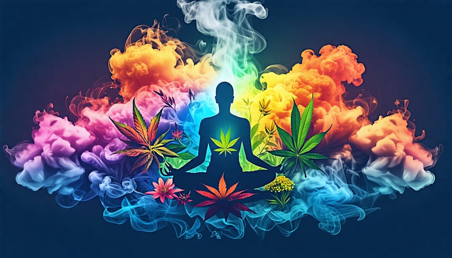 Conceptual illustration of a vapor cloud from a vaporizer blending with symbols of relaxation and balance, highlighting the well-being benefits of vaping THC flower.