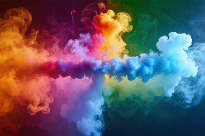 A conceptual image of a vaping device emitting vapor. One side of the vapor is colorful and calm, symbolizing stress relief, while the other side forms a complex web, representing potential risks and addiction associated with vaping.