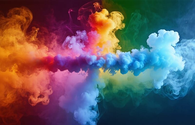 A conceptual image of a vaping device emitting vapor. One side of the vapor is colorful and calm, symbolizing stress relief, while the other side forms a complex web, representing potential risks and addiction associated with vaping.