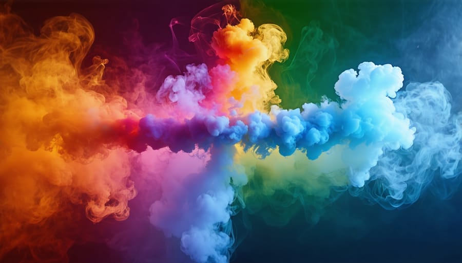 A conceptual image of a vaping device emitting vapor. One side of the vapor is colorful and calm, symbolizing stress relief, while the other side forms a complex web, representing potential risks and addiction associated with vaping.