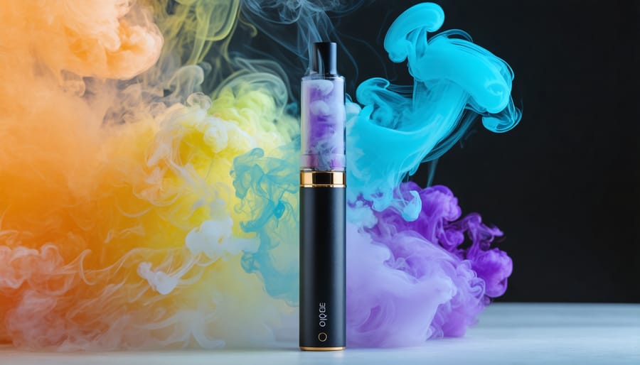 Vaping device emitting colorful vapor suggesting stress relief